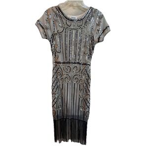 Unique Vintage Black Gold 1920s Style Sequined Midi Flapper Dress Fringed Small